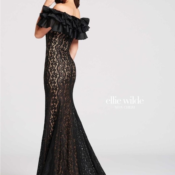 Ellie wilde Mon Cheri black ruffle lace off shoulder elegant dress beading lined - Picture 4 of 12